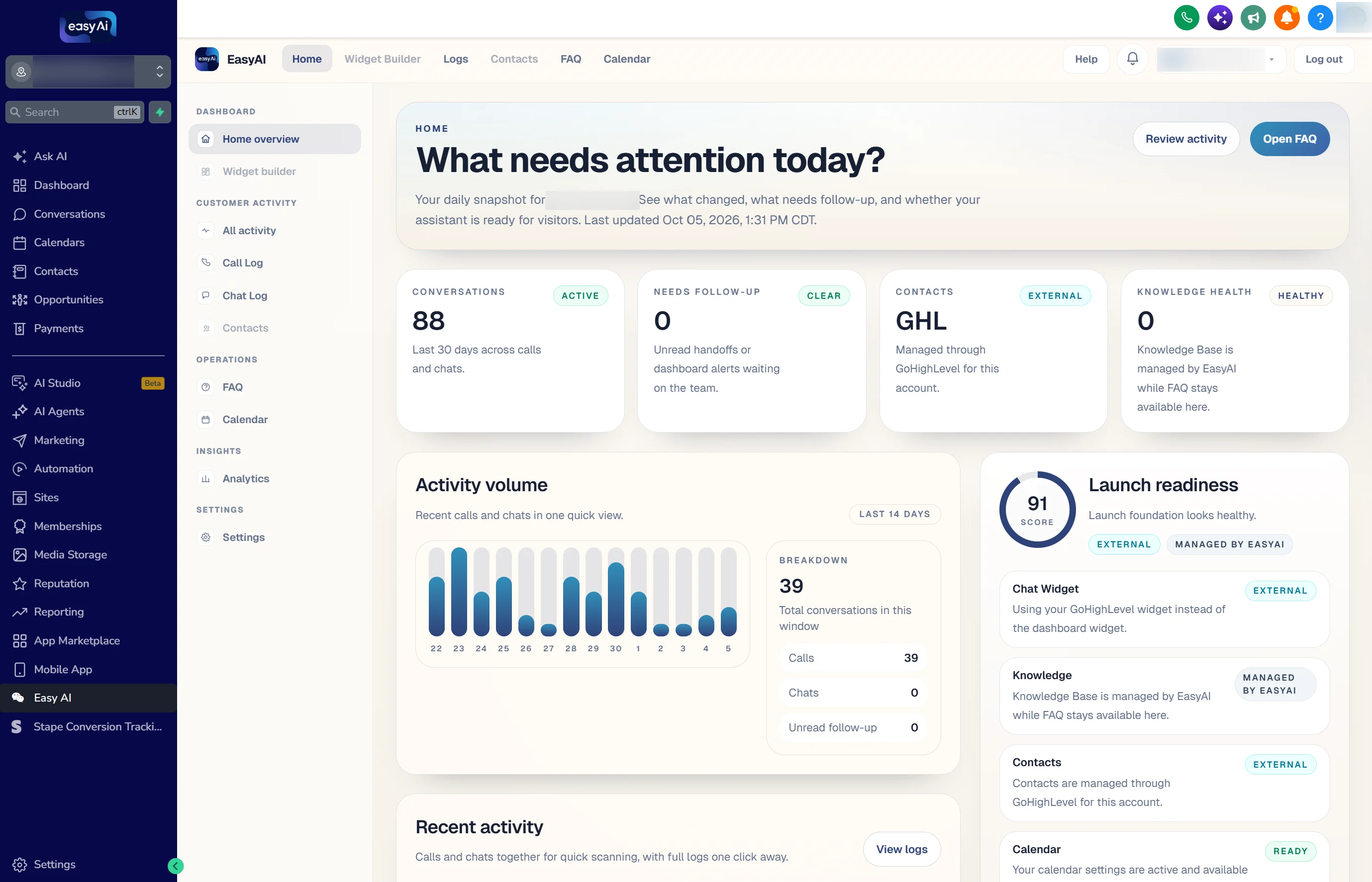 The Easy AI dashboard open inside a HighLevel account, showing calls and chats, contacts, knowledge health, and launch readiness.